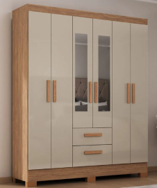 ROUPEIRO ATUALLE FORTALEZA PLUS 6 PORTAS 2 GAVETAS ACACIA MADEIRADO/REFLECTA BRILHO -COM P� E ESPELHO